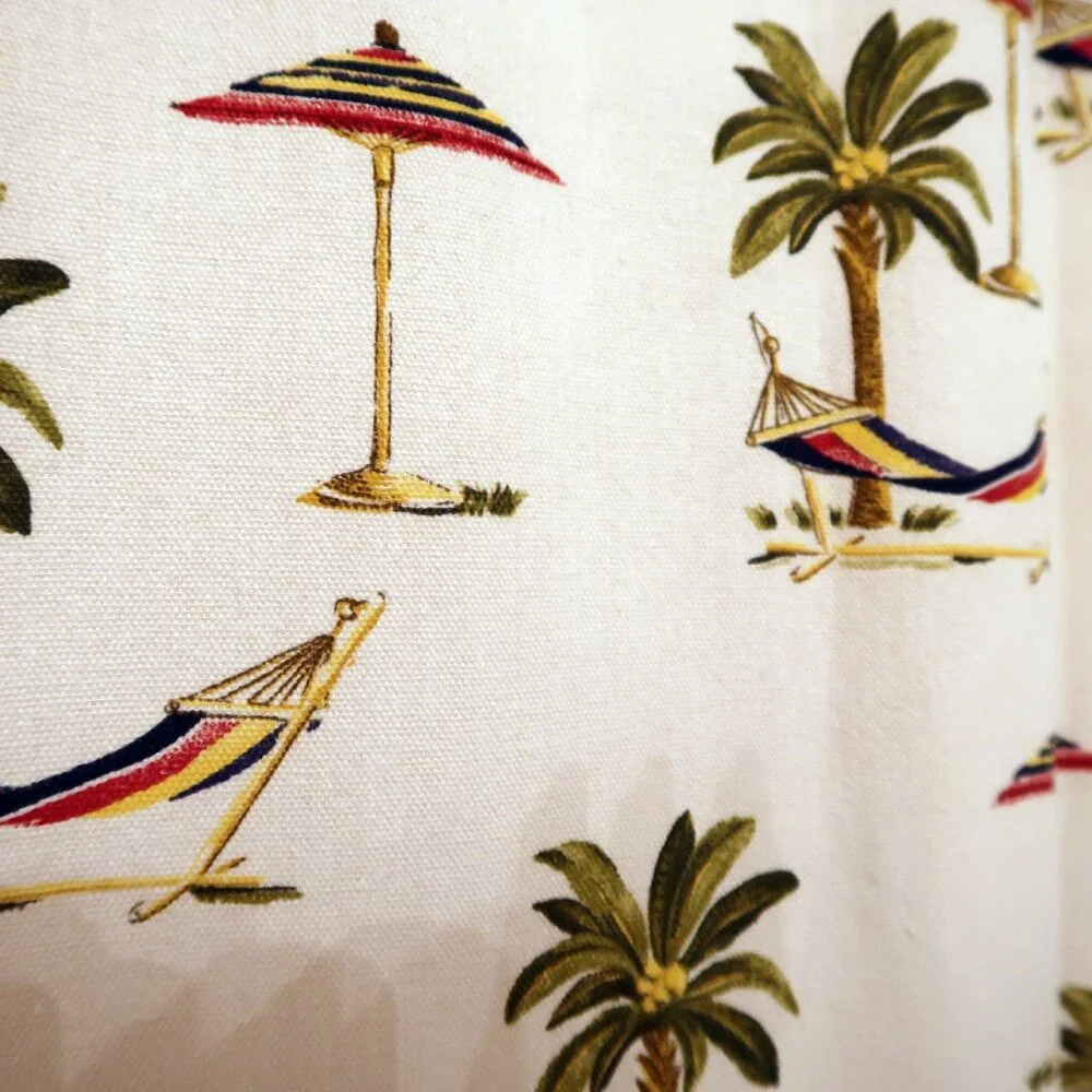 Beach Umbrellas & Palm Trees Striped Border Fabric Shower Curtain
